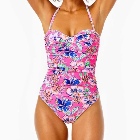 Lilly Pulitzer Pink Floral Halter One-Piece Swimsuit - Picture 1 of 12
